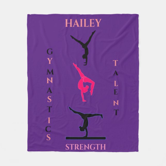 Gymnastics fleece blanket with personalised name. (Front)