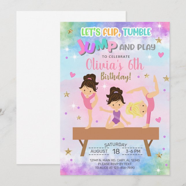 Gymnastics flip tumble jump & play girl birthday. invitation (Front/Back)