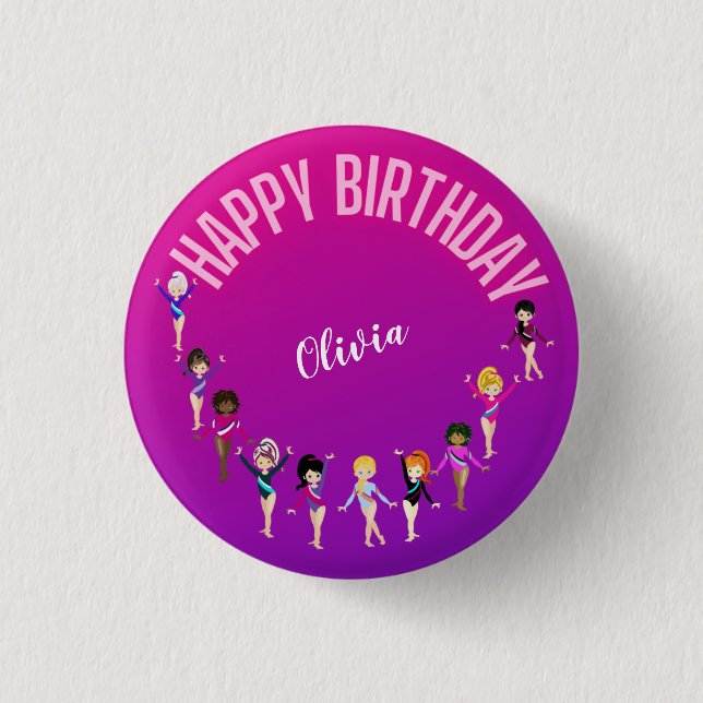 Gymnastics Friends "Happy Birthday" Pink Purple   3 Cm Round Badge (Front)