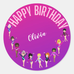Gymnastics Friends "Happy Birthday" Pink Purple   Classic Round Sticker