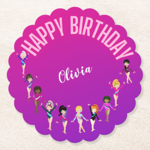 Gymnastics Friends "Happy Birthday" Pink Purple   Paper Coaster