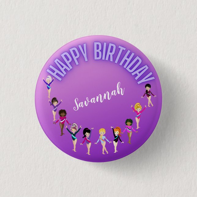 Gymnastics Friends "Happy Birthday" Purple Ombre  3 Cm Round Badge (Front)