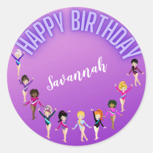 Gymnastics Friends "Happy Birthday" Purple Ombre Classic Round Sticker