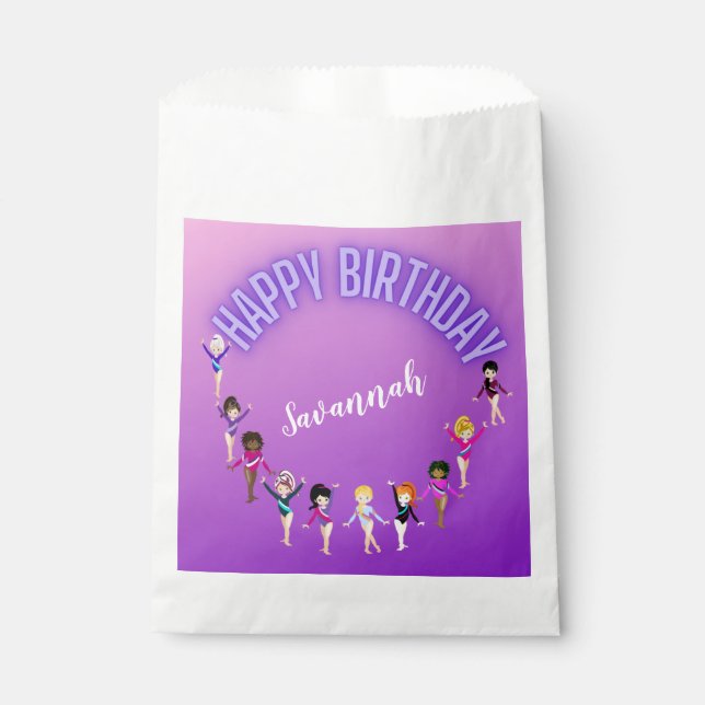 Gymnastics Friends "Happy Birthday" Purple Ombre   Favour Bags (Front)