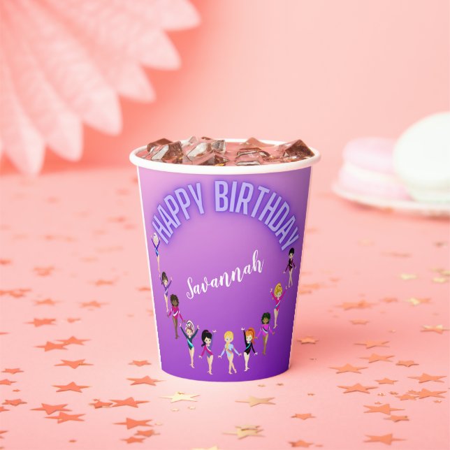 Gymnastics Friends "Happy Birthday" Purple Ombre   Paper Cups (Insitu)