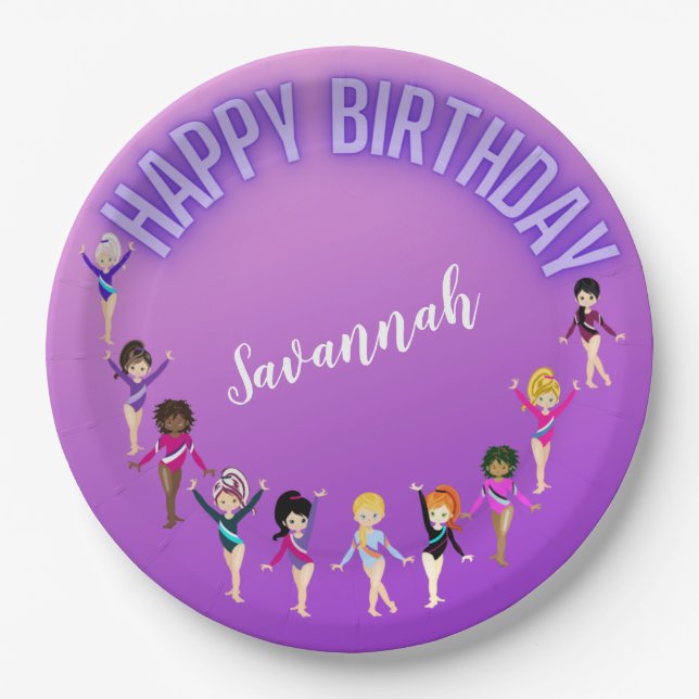 Gymnastics Friends "Happy Birthday" Purple Ombre Paper Plate (Front)