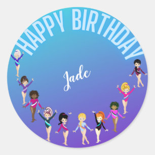 Gymnastics Friends "Happy Birthday" Turquoise   Classic Round Sticker