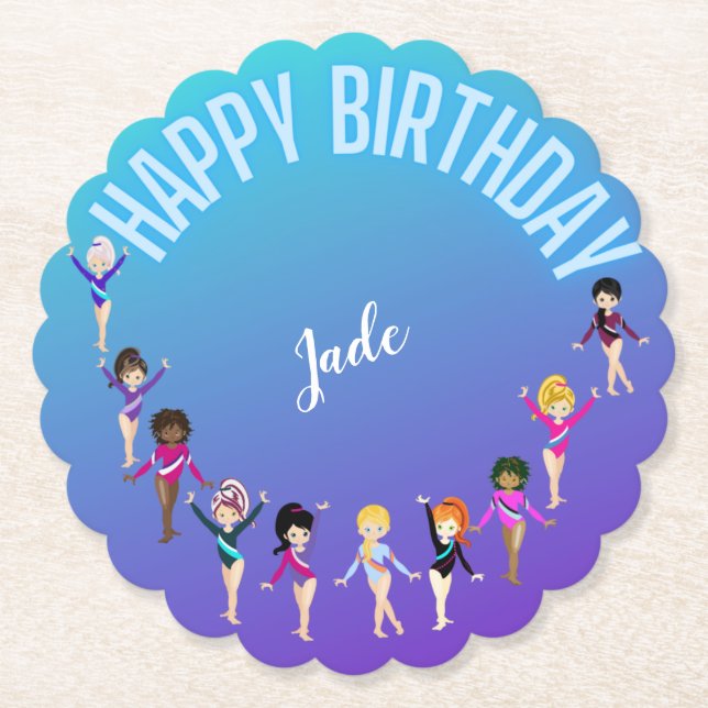 Gymnastics Friends "Happy Birthday" Turquoise Paper Coaster (Front)