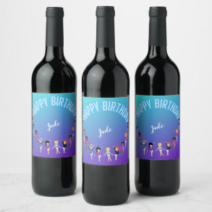 Gymnastics Friends "Happy Birthday" Turquoise Wine Label