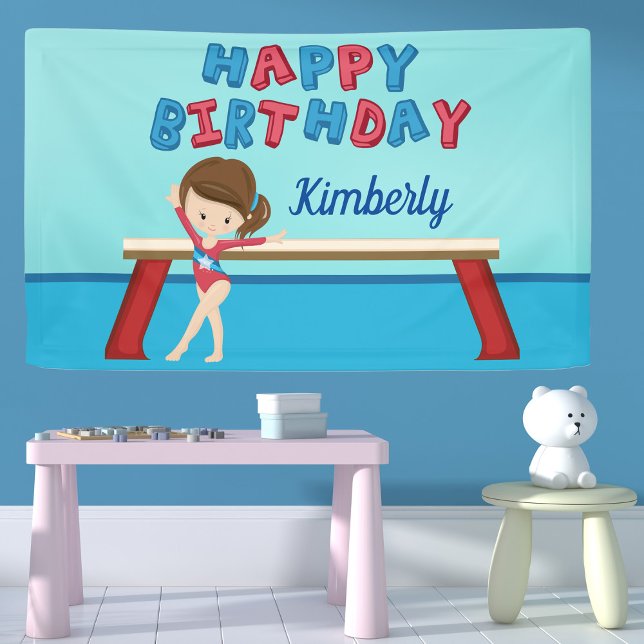 Gymnastics Girl Cute Custom Happy Birthday Party Banner (Creator Uploaded)