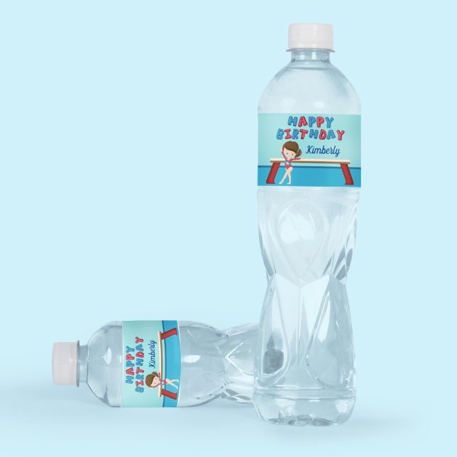 Gymnastics Girl Cute Custom Happy Birthday Party Water Bottle Label (Creator Uploaded)