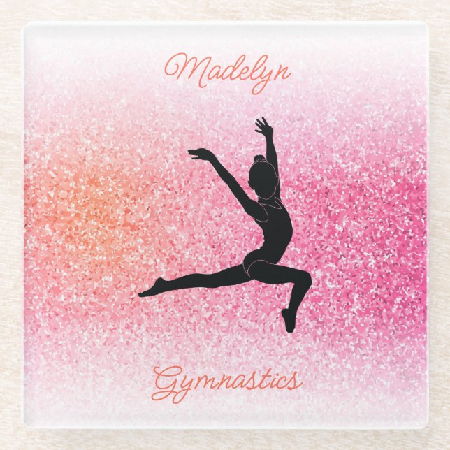 Gymnastics Girl in Gymnast Leotard Pink Tangerine  Glass Coaster (Front)