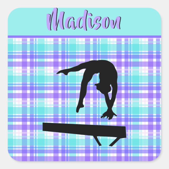 Gymnastics Girl Lilac Purple and Aqua Personalised Square Sticker (Front)