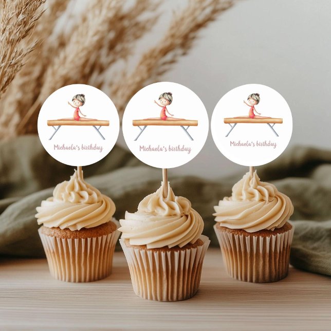 Gymnastics girl on beam pink and white birthday classic round sticker (Creator Uploaded)