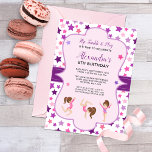 Gymnastics Girl Stars Birthday Party Invitation<br><div class="desc">Tumble on over and celebrate your little girls birthday with this cute invitation featuring girl gymnasts playing on a purple frame with pink and purple stars background. Fun typography in black and purple for your party details. Easy to personalise with custom options.</div>