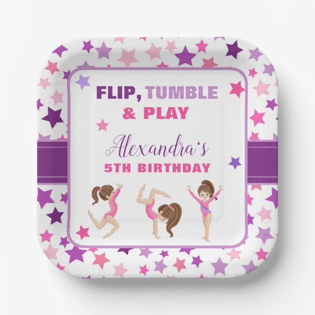 Gymnastics Girl Stars Birthday Party Paper Plate (Front)