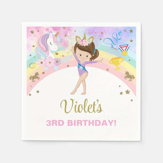 Gymnastics girl & unicorn birthday paper napkins. napkin (Front)