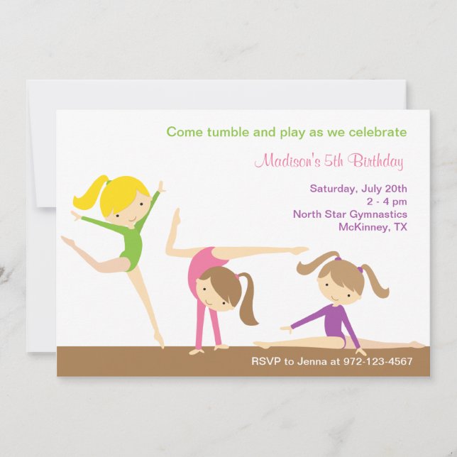 Gymnastics Girls Birthday Party Invitation (Front)
