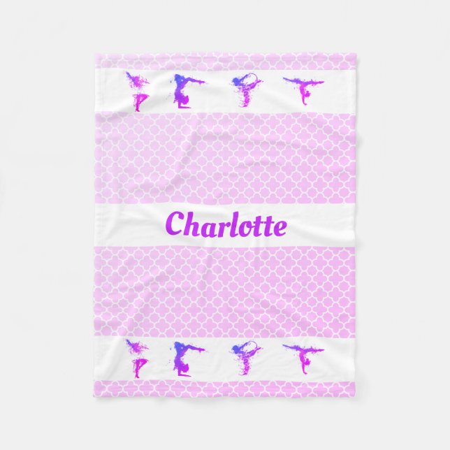 Gymnastics Girls Name Purple Pink Quatrefoil Fleece Blanket (Front)