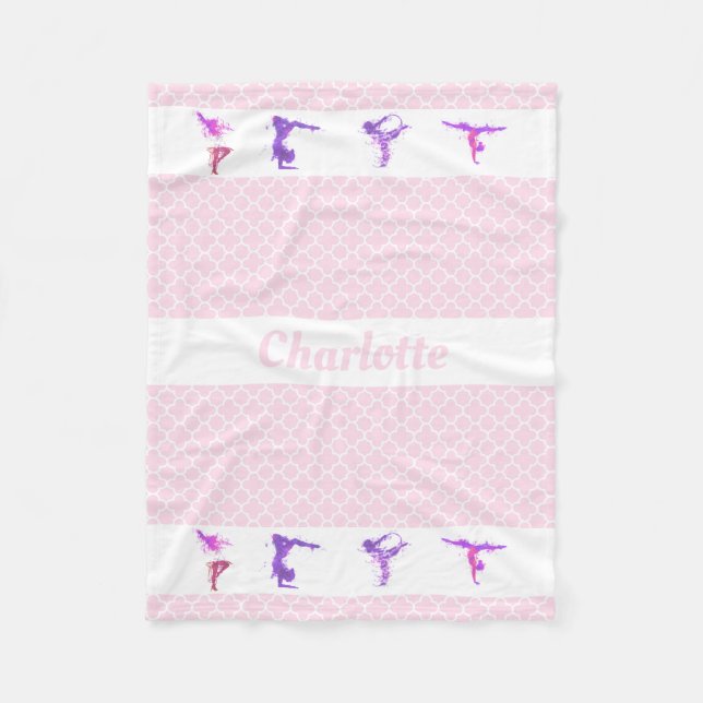 Gymnastics Girls Personalised Name Pink Quatrefoil Fleece Blanket (Front)