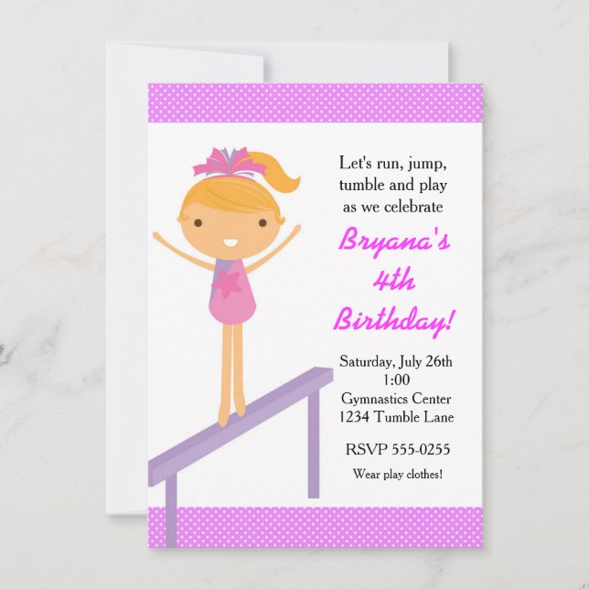 Gymnastics Girls Tumble Birthday Party Invitation (Front)