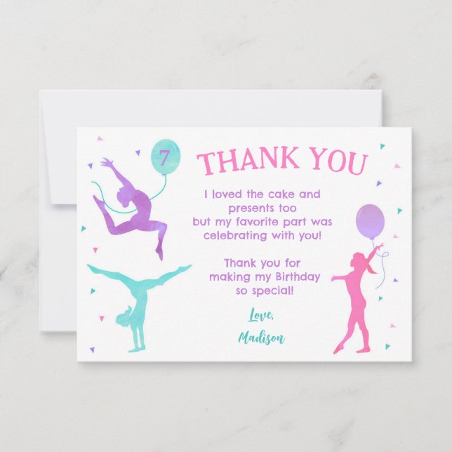 Gymnastics Gymnast Birthday Party Thank You Cards (Front)