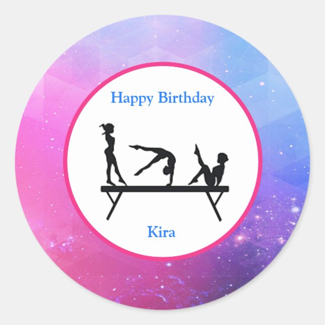 Gymnastics "Happy Birthday" Balance Beam  Classic Round Sticker (Front)