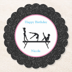 Gymnastics "Happy Birthday" Black Sparkle Paper Coaster