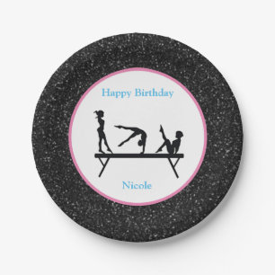 Gymnastics "Happy Birthday" Black Sparkle Paper Plate