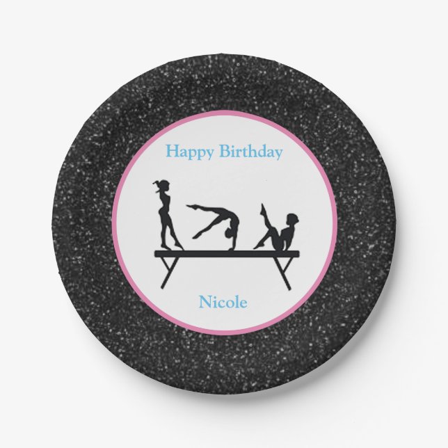Gymnastics "Happy Birthday" Black Sparkle Paper Plate (Front)