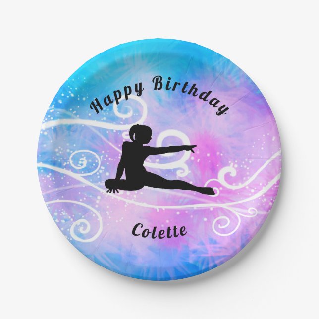 Gymnastics Happy Birthday Custom Swirl Paper Plate (Front)