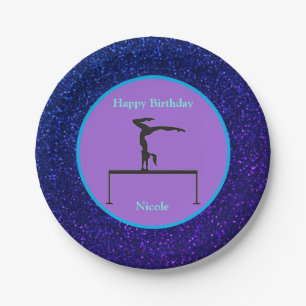 Gymnastics "Happy Birthday" Royal Sparkle Paper Plate