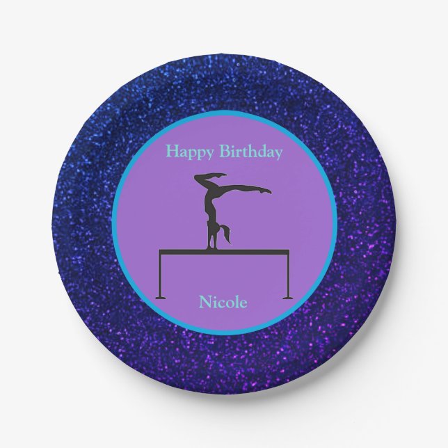 Gymnastics "Happy Birthday" Royal Sparkle Paper Plate (Front)