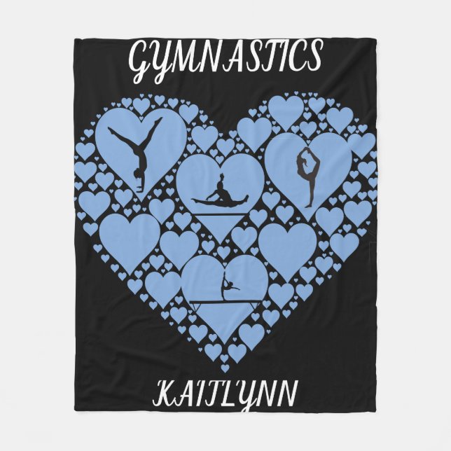 Gymnastics heart fleece blanket personalised. (Front)