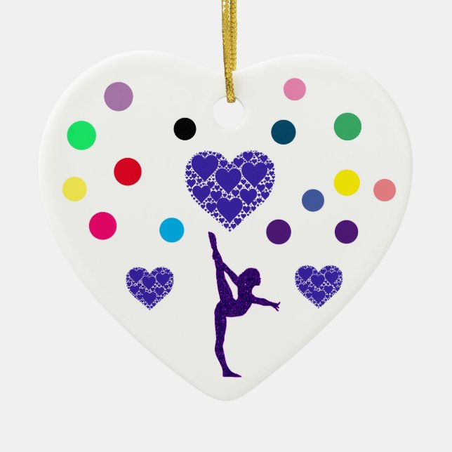 "GYMNASTICS" heart ornament. Ceramic Tree Decoration (Front)