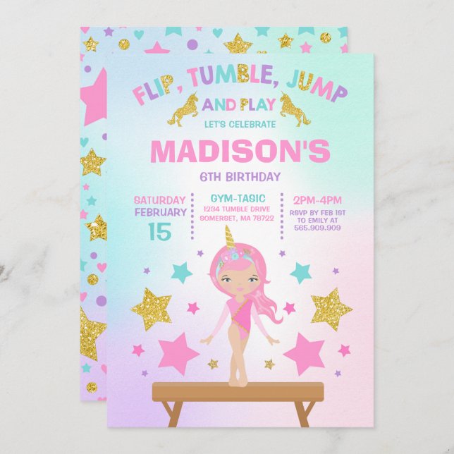 Gymnastics Invitation Unicorn Gymnastics Party (Front/Back)