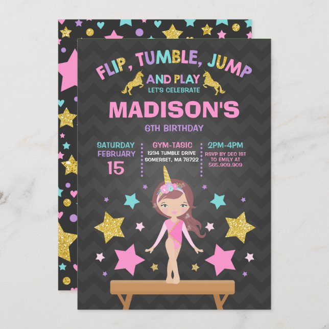 Gymnastics Invitation Unicorn Gymnastics Party (Front/Back)
