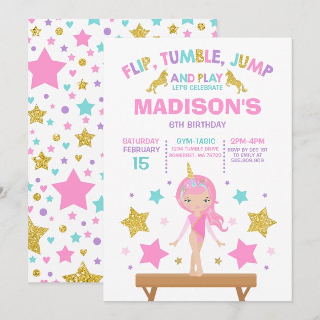 Gymnastics Invitation Unicorn Gymnastics Party (Front/Back)