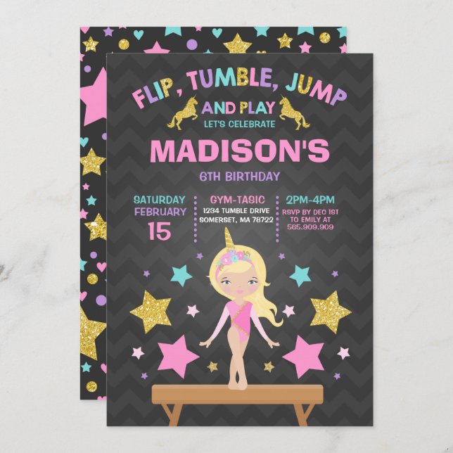 Gymnastics Invitation Unicorn Gymnastics Party (Front/Back)