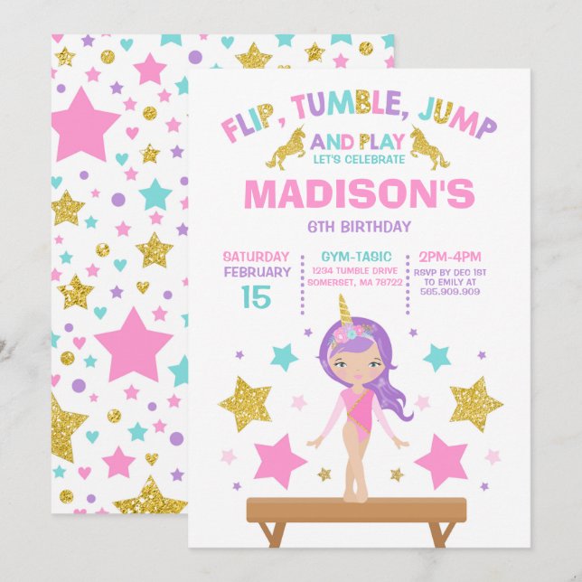 Gymnastics Invitation Unicorn Gymnastics Party (Front/Back)