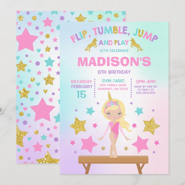 Gymnastics Invitation Unicorn Gymnastics Party (Front/Back)