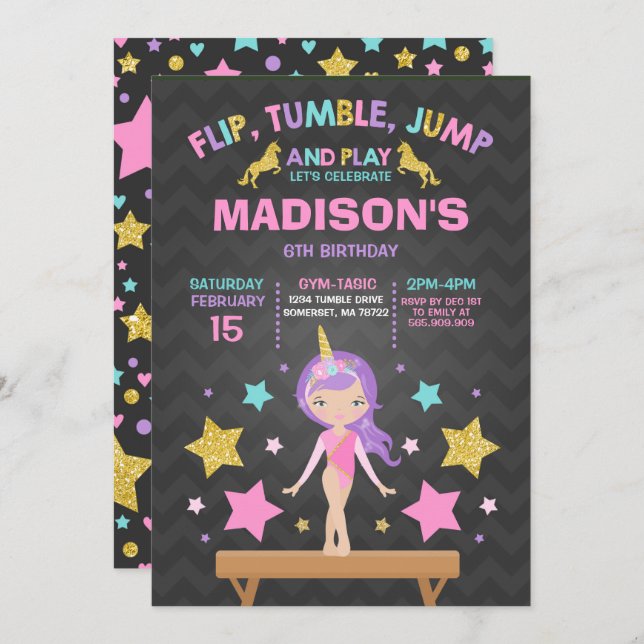 Gymnastics Invitation Unicorn Gymnastics Party (Front/Back)