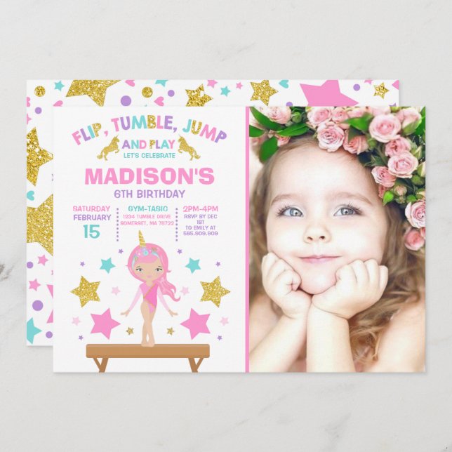Gymnastics Invitation Unicorn Gymnastics Party (Front/Back)