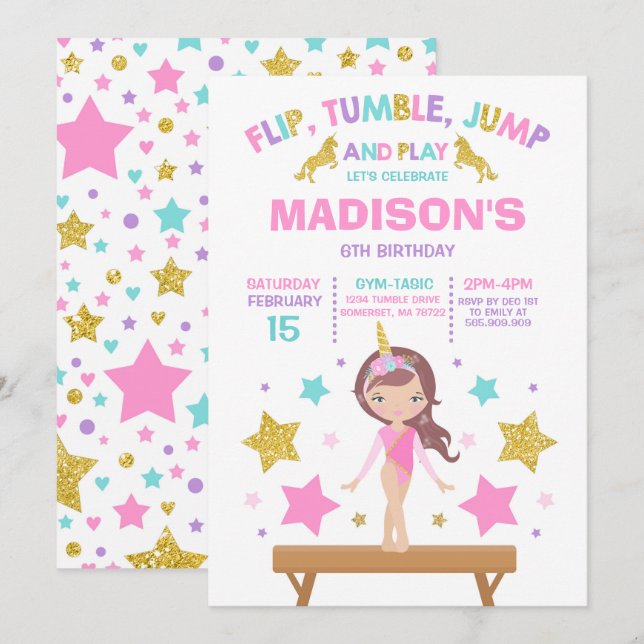 Gymnastics Invitation Unicorn Gymnastics Party (Front/Back)