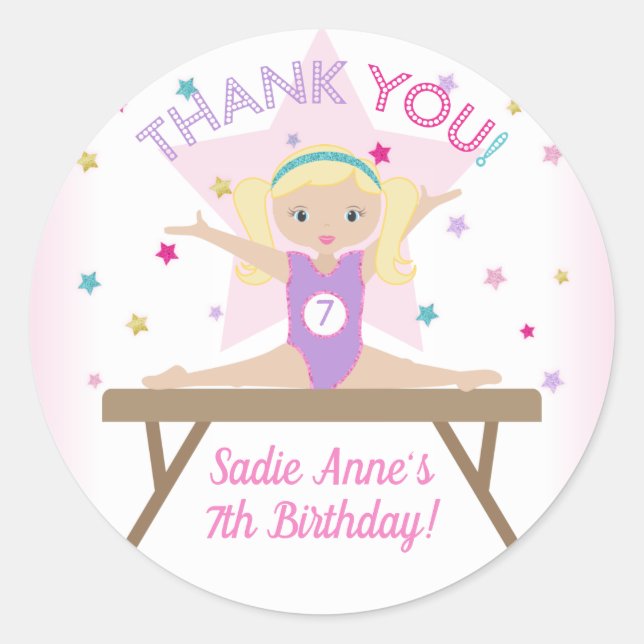 Gymnastics Jump Birthday Party Blonde Thank You Classic Round Sticker (Front)