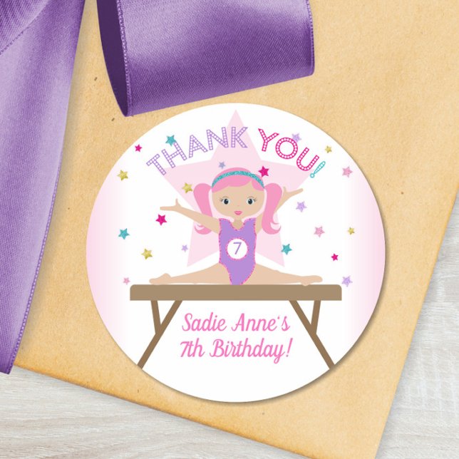 Gymnastics Jump Birthday Party Pink Hair Thank You Classic Round Sticker (Creator Uploaded)