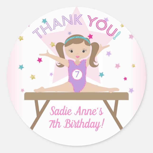Gymnastics Jump Birthday Party Red Hair Thank You  Classic Round Sticker (Front)