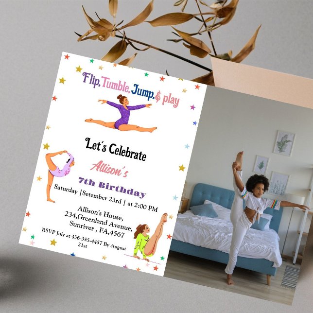 Gymnastics  jump Cartwheels girl birthday party Invitation (Creator Uploaded)