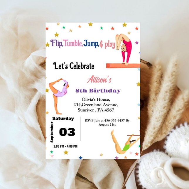 Gymnastics  jump Cartwheels girl birthday party Invitation (Creator Uploaded)