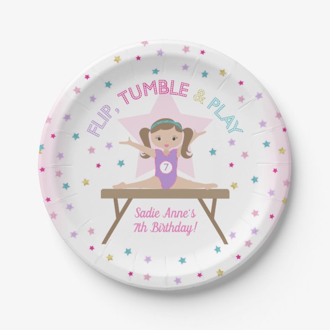 Gymnastics Jump Cute Brown Hair Birthday Party Paper Plate (Front)